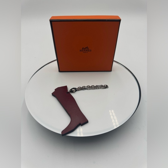 Authentic Hermes Boot Keychain Leather Charm Bordeaux Red Silver Chain - Picture 3 of 8